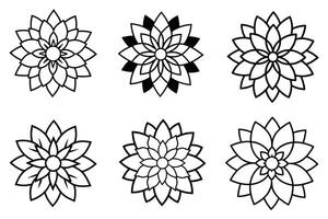 Set of six black and white dahlia flower icons with multiple layers. vector