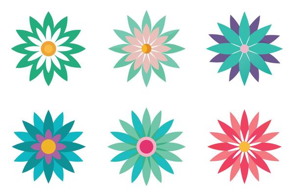 Six Colorful Floral Icons Against a White Background