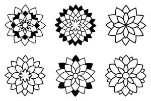 Six black and white dahlia flower icons with multiple layers. vector