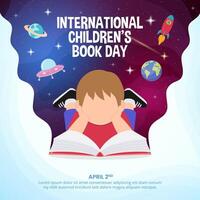 International Children's Book Day design with a child and an open book and outer space vector