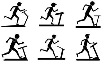 A set of silhouettes of people running on treadmills vector