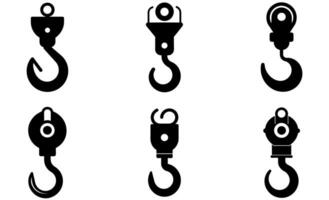 This image features six black silhouette icons of lifting hooks, each with a different style. vector