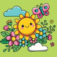 Smiling Sun and Happy Flowers vector