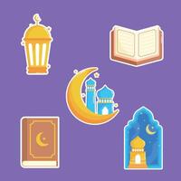 Set of ramadan icon graphic illustration, boho frame, lantern, mosque, moon, crescent moon flat design cartoon style. vector