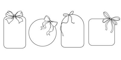 Minimalist Frame of different shapes Set with Ribbon Bow Decorations. Line art Gift Tag Borders with Ribbon Bows. Simple outline design for labels, invitations, or stationery. illustration vector