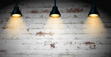 Old Brick wall with a worn illuminated by three black pendant lights casting a warm glow. Ideal for backgrounds, interior design, promotional, presentations, creative projects. illustration vector