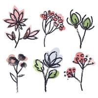Brush stroke botanical elements set with flowers, berries, and leaves with abstract color accents. Expressive brush strokes wild flowers, invitations, branding, packaging, textiles. illustration vector