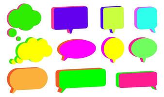 Colorful 3D speech and thought bubbles in a neon pop art style set. Various shapes and sizes, perfect for comics, chat designs, social media graphics, stickers, posters, digital illustrations. vector