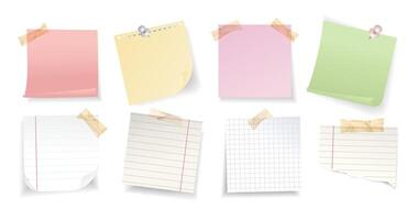 Blank sticky notes and torn notepaper set in various colors and styles, secured with adhesive tape and push pins. Includes lined, grid, and plain paper sheets for memo or reminder concepts. vector