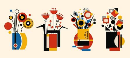 Abstract Geometric Floral Compositions in Bauhaus Style set with bold shapes.Each modern flower arrangement is placed in a unique artistic vase,for posters,home decor, branding,digital artwork. vector