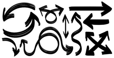 Black hand-drawn arrows with bold brush strokes in a grunge style set. Various directions and shapes for design elements, presentations, infographic,poster,social media graphics,digital artwork. vector