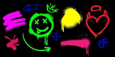 Neon graffiti elements set including , heart, arrows, and abstract splashes on a black background. Vibrant spray paint effect with dripping details for urban and street art designs. illustration vector