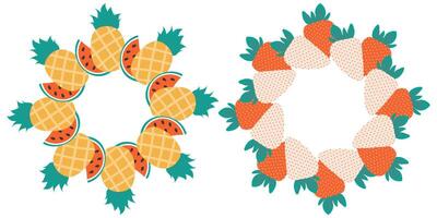 White and red strawberry Circle Frame border in trendy doodle minimalist. Summer Copy space Template. Isolated illustration Thematic or menu cards, leaflets, greetings, label or web promo vector