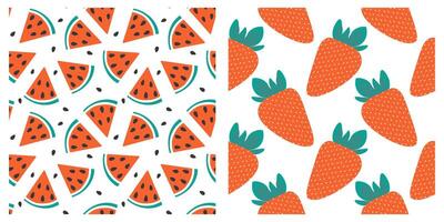 Whole Strawberry and watermelon triangular slices Seamless Patterns Set 2 Summertime Background idea. Isolated illustration Wallpaper Wrapping or web promo banner Thematic cards, label, posting vector
