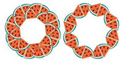 Triangular Watermelon slices Circular Frame border Watermelon Day greeting Copy space Template Set 2. Isolated illustration Thematic cards or web promo banner, leaflets, print materials, price vector