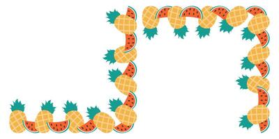 Whole Pineapple Watermelon slices Top and Bottom Corner Frame Border Summer Copyspace Template Set 2. Isolated illustration Thematic cards, blogging, posting or web promo banner, label, leaflet vector