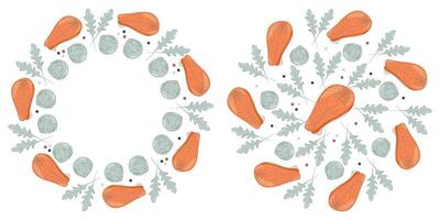 Salmon steak Arugula Brussels sprout Heads Allspices Circular Frame border and Round Background idea. Copy space Template Isolated illustration Thematic card, leaflet, label or web promo banner vector