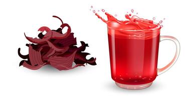 Set of dry hibiscus tea and cup with red tea and splash. Realistic design elements. vector