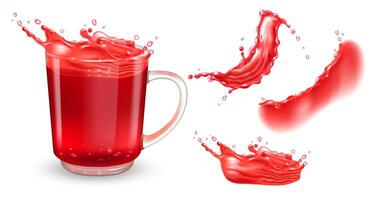 Set of tea transparent cup with red hibiscus tea and red liquid splashes. Isolated on white background. Realistic design elements. vector