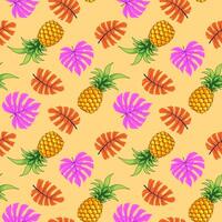 Pineapple with monstera leaves seamless pattern background vector