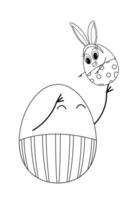 Black and white Easter coloring page featuring two cheerful Easter egg characters, one with bunny ears, playing together. vector