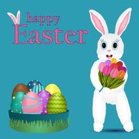 Adorable Easter bunny holding tulips with decorated eggs in a basket and festive Happy Easter text on a blue background. vector