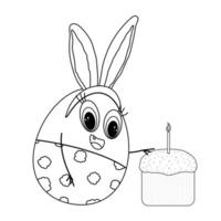 Black and white Easter coloring page featuring a cheerful egg character with bunny ears pointing at a festive cake with a candle. vector