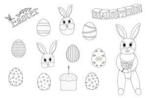 Black and white Easter-themed coloring page featuring a bunny, decorated eggs, cake, and festive Happy Easter text. vector