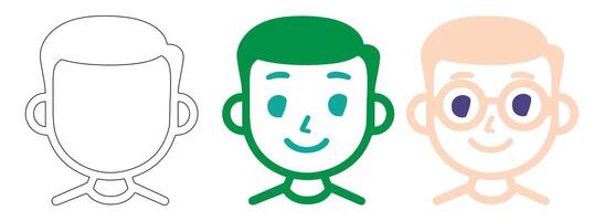 three cartoon faces with different colors and shapes vector