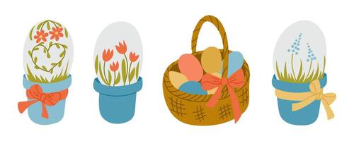 Set of Easter-themed illustrations with decorated eggs in flower pots, a woven basket with colorful eggs, and floral elements tied with ribbons in a pastel color palette vector
