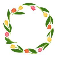 Floral wreath illustration made of colorful tulips and green leaves arranged in a circular frame, perfect for spring and decorative designs vector