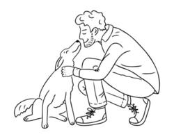 Black and white line drawing of a man kneeling and affectionately petting a dog, symbolizing companionship, friendship, and the bond between humans and pets vector