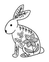 Hand drawn folk art illustration of a rabbit decorated with floral and botanical patterns in black and white, perfect for coloring or decorative design vector