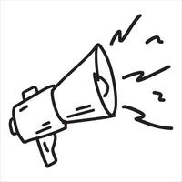 Loudspeaker doodle drawing. Sketch media propaganda. Marketing megaphone announce or broadcast. Emergency bullhorn speaker. Cartoon loud warning vector