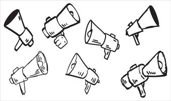 Loudspeaker doodle drawing. Sketch media propaganda. Marketing announce or broadcast. Emergency bullhorn speaker. Cartoon loud alert warning vector