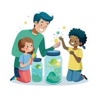 Family Bonding Over Designing DIY Glow-in-the-Dark Jars with Creativity and Imagination Together vector