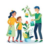 Family Creating Recycled Bottle Planters for a Green and Creative Project vector