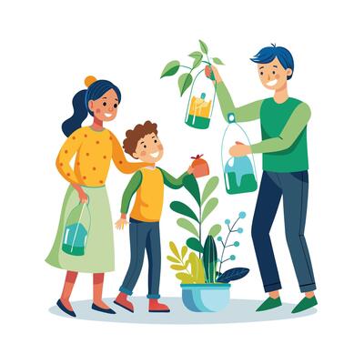 Family Creating Recycled Bottle Planters for a Green and Creative Project