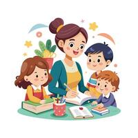 Family Bonding Over Creating DIY Storybooks with Drawings and Imagination Together vector