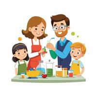 Family Creating a DIY Science Experiment in the Kitchen for a Fun and Educational Activity vector