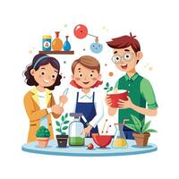 Family Bonding Over Creating a DIY Science Experiment in the Kitchen for a Fun Activity Together vector