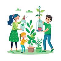 Family Working Together to Construct Recycled Bottle Planters for a Fun Project vector