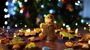 Gingerbread man in a mask stands on a wooden table among cookies video