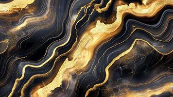 Gold Obsidian abstract close-up of a black and gold marbled surface, featuring flowing patterns and shimmering textures that create a luxurious appearance. video