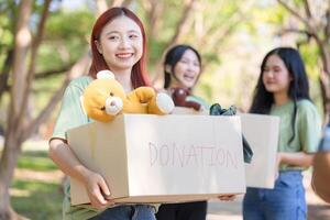 Smiling Woman Carrying a Donation Box with Teddy Bear, Helping Hands, Group of Volunteers Holding Donation Boxes photo