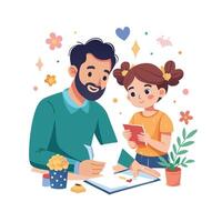 Father and Daughter Crafting Handmade Greeting Cards with Paper and Glue vector