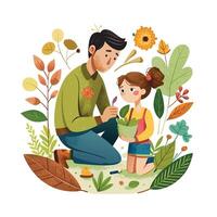 Father and Daughter Creating a Nature Collage with Leaves and Twigs vector