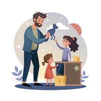 Father and Daughter Performing a Shadow Puppet Show with Handmade Puppets vector