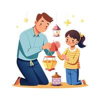 Father and Daughter Making Beautiful DIY Lanterns with Paper and Glue vector