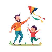 Father and Child Bonding Over Flying a Kite for a Bright and Cheerful Activity Together vector